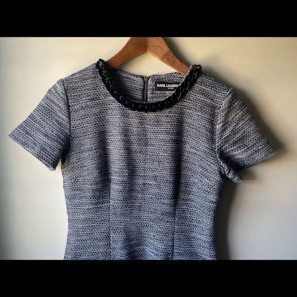 Karl Lagerfeld short sleeve blue and white tweed style shift dress size 2 - Picture 4 of 13